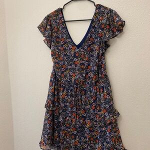 By & By Blue Floral V Neck Short Sleeve Dress Ruffled Skirt XL